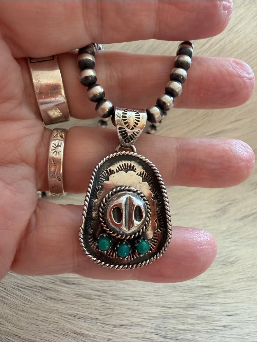❤️ Detailed Hand Stamped Kingman Turquoise Stones Cowboy Hat Sterling Pendant